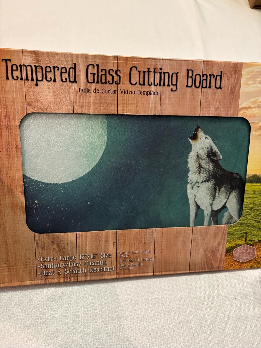 Tempered Glass Cutting Board with Wolf Moon Design - Blue